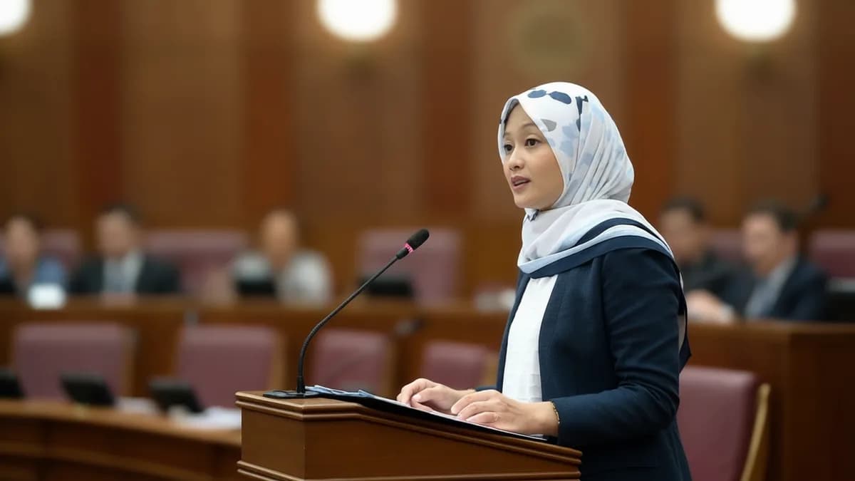 Woman speaking at podium: Komisi Keselamatan Daring Singapura Mulai Beroperasi Juni