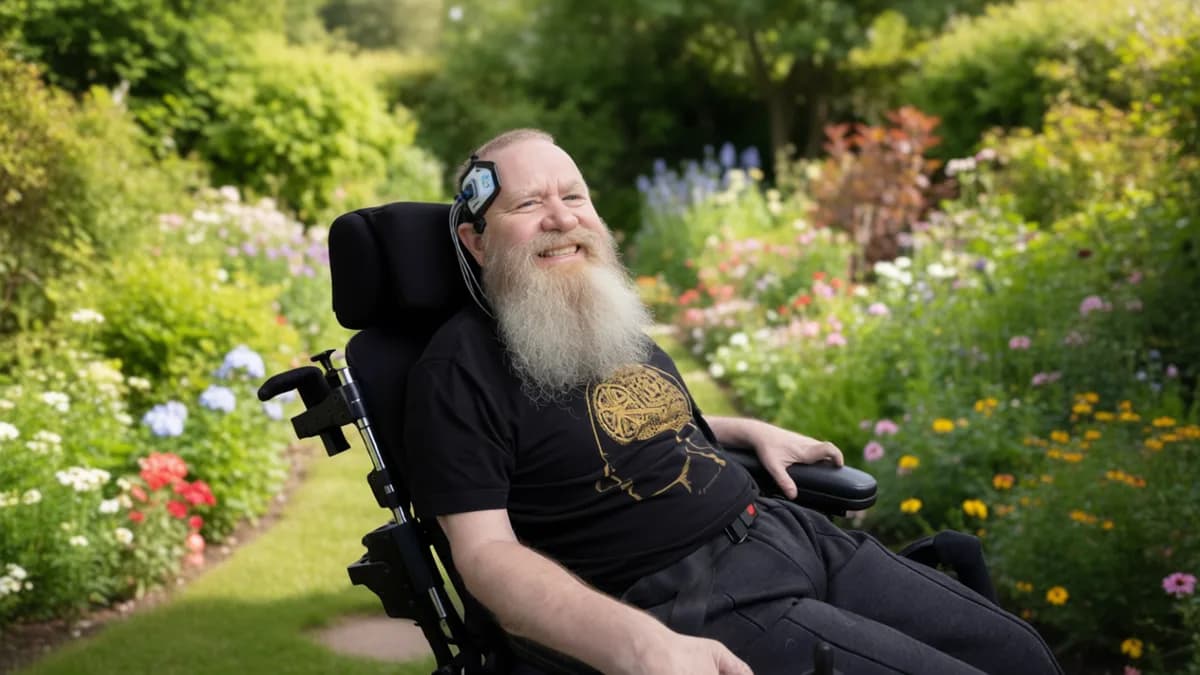 Man in wheelchair outdoors: Rekor Lima Tahun Implan Otak Synchron Milik Rodney Gorham
