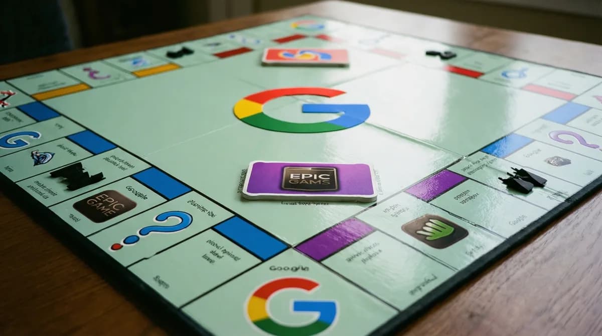 Monopoly board with tech logos: Google Turunkan Biaya Aplikasi Android Jadi 20 Persen Tanpa Tunggu Settlement