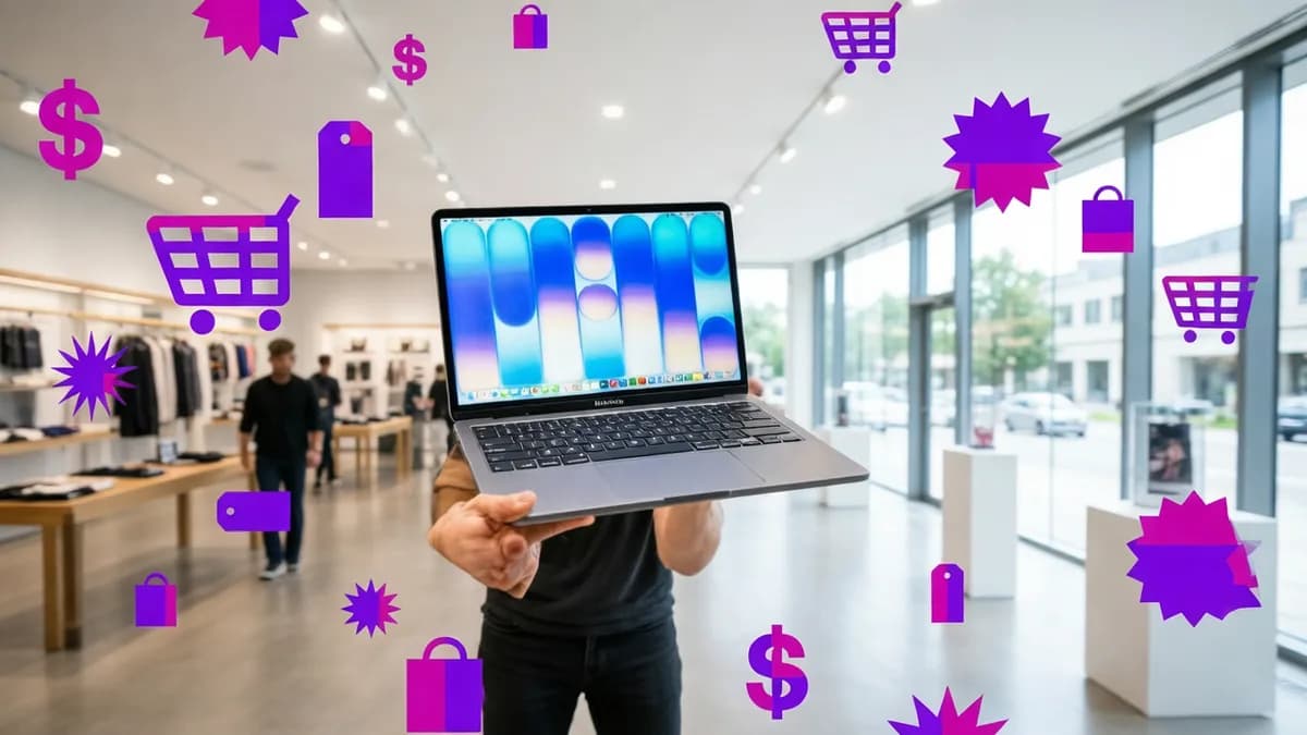 MacBook Neo with shopping icons: Preorder MacBook Neo Dapat Kartu Hadiah $25 di Best Buy