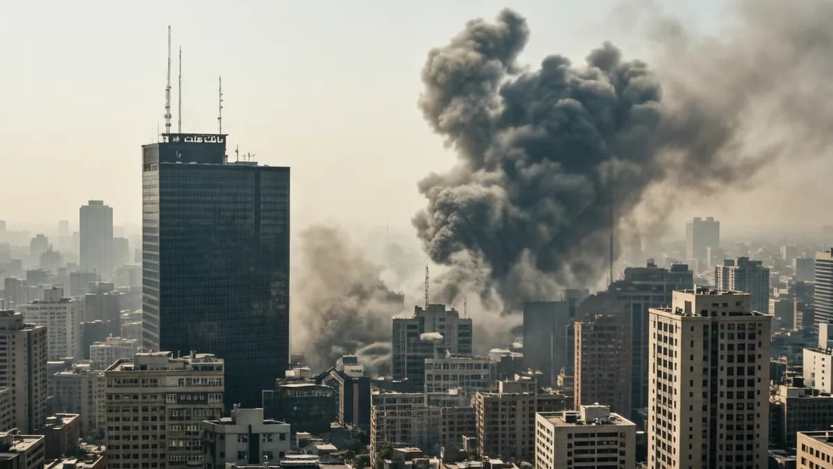 City skyline with smoke: Podcast Uncanny Valley Bahas AI dan Konflik Timur Tengah