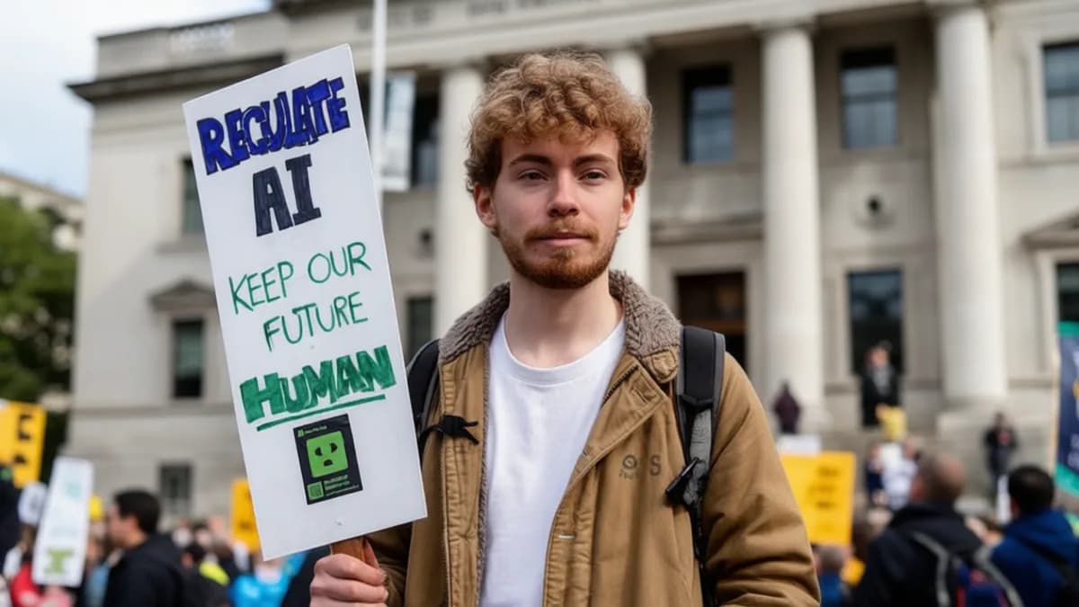 Protester holding AI regulation sign: Undang-Undang AI Inggris Ditunda Akibat Protes Seniman