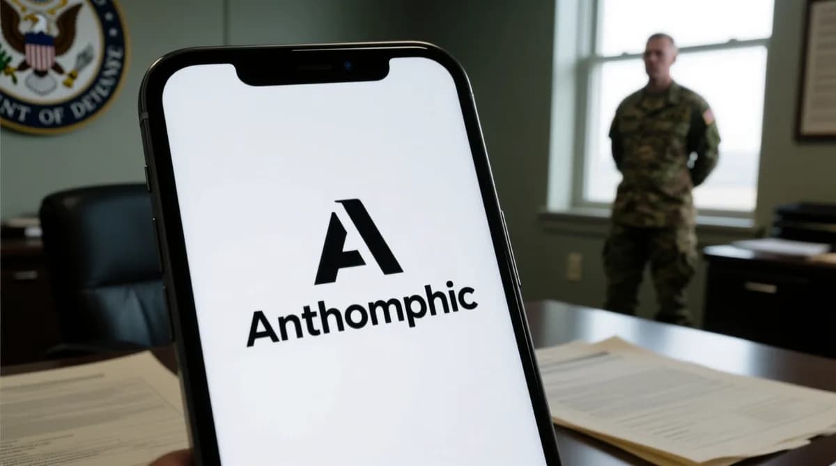Anthropic logo on screen: Anthropic Gugat Pentagon: Sengketa Akses AI Militer AS