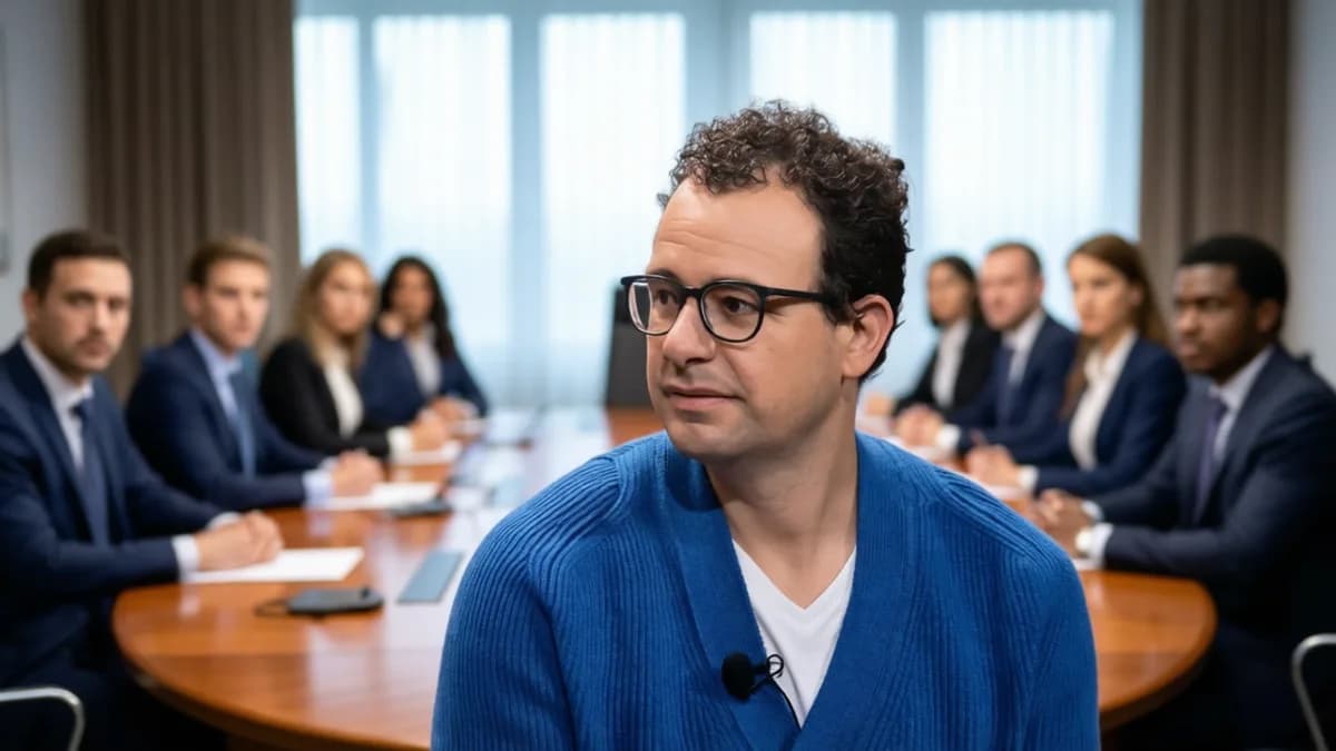 Man in blue sweater: Anthropic Terancam Rugi Miliaran Akibat Label Trump