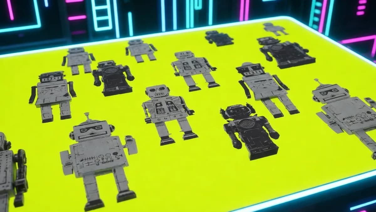 Retro robots on yellow background: Meta Akuisisi Moltbook, Platform Sosial Khusus Agen AI