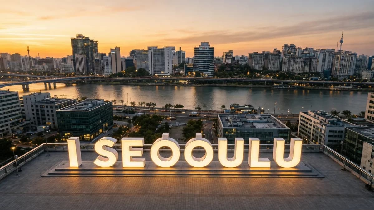 Seoul cityscape with I SEOUL U sign: Robot AI Hyean Mulai Bekerja di Kuil Korea Selatan