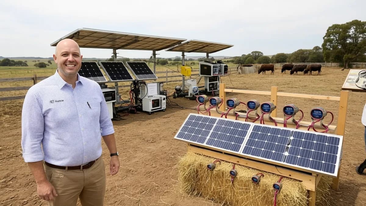 Two men with informational sign: Startup Halter Raih Valuasi $2 Miliar untuk Kalung Sapi AI