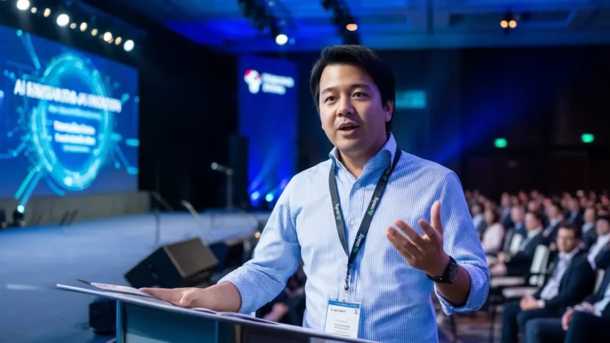 Man speaking at event: Amity Raih $100 Juta, Bangun Pusat R&D di Singapura