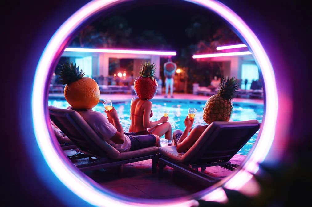 Fruit-headed figures in poolside scene: Sisi Gelap Video Buah AI yang Viral di Internet