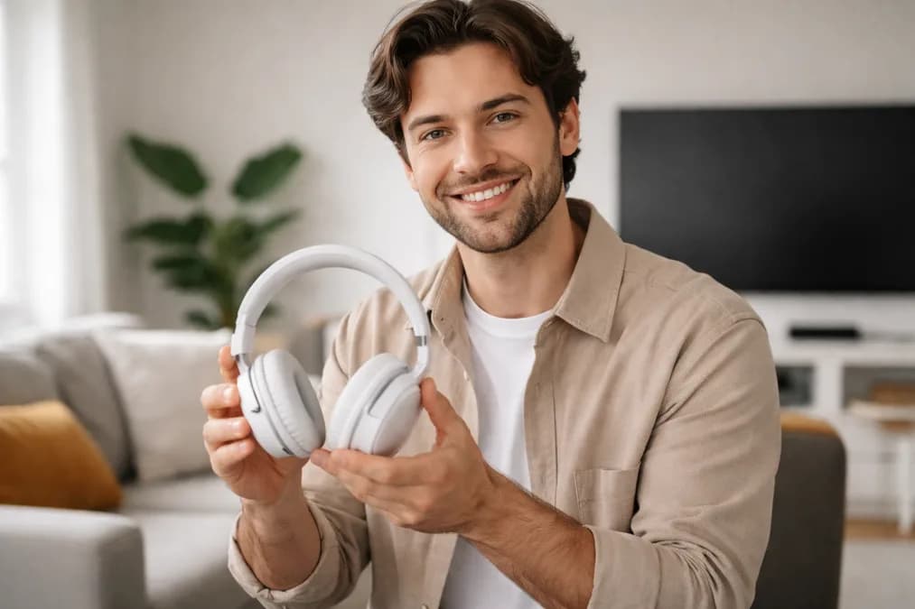 Man wearing Sonos headphones: Sonos Ace Diskon 25 Persen di Amazon Big Spring Sale