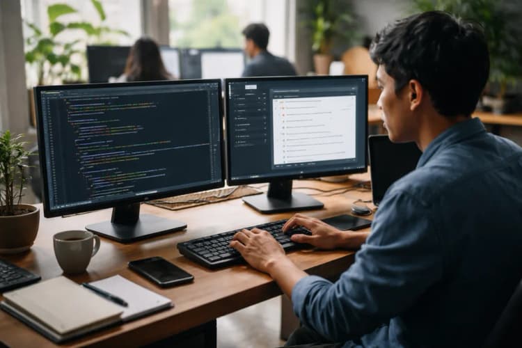 Ilustrasi ruang kerja developer Indonesia dengan layar berisi kode Python dan antarmuka Claude Opus 4.7 yang menampilkan rekomendasi refaktorisasi otomatis