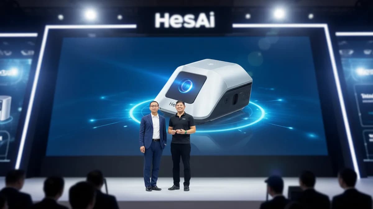 Two men at Hesai exhibit: Apa Beda Lidar Warna Hesai dengan Sensor Konvensional?