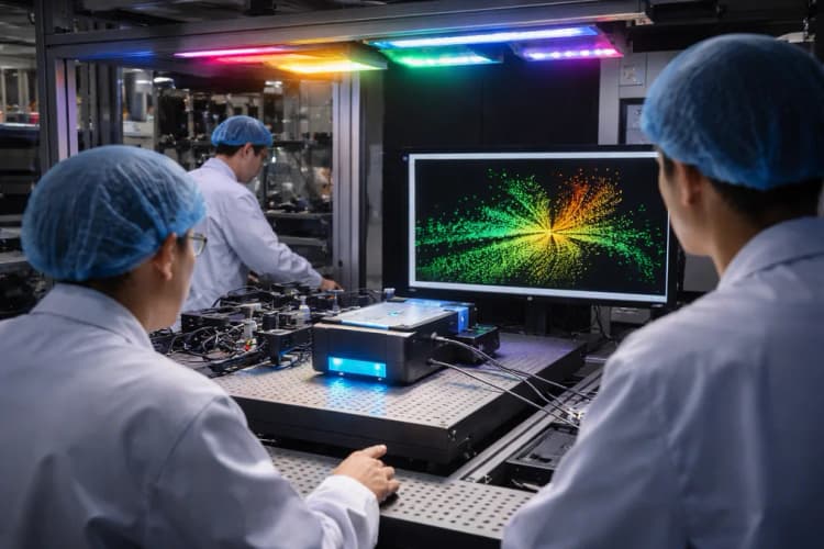 Ilustrasi laboratorium Hesai di Shanghai menunjukkan modul lidar EXT sedang diuji di bawah lampu spektral berwarna-warni, dengan layar monitor menampilkan point cloud berwarna hijau, kuning, dan merah