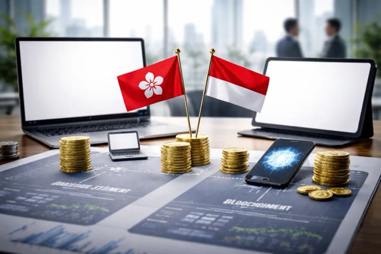 Ilustrasi perbandingan dua jalur settlement: satu melalui sistem tradisional SWIFT dengan tiga hari penyelesaian, satunya melalui blockchain dengan token HKD instan dan verifikasi real-time