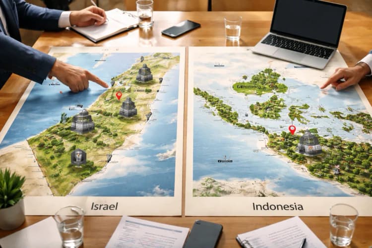 Ilustrasi perbandingan visual antara peta teknologi Israel (dengan ikon lab militer, universitas, dan kantor startup) dan peta teknologi Indonesia (dengan ikon pusat data, kampus, dan kawasan startup)