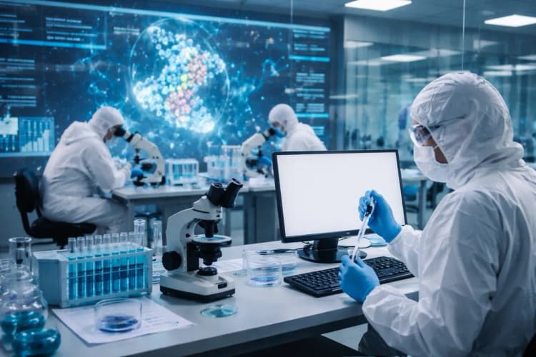 Ilustrasi pusat penelitian bioteknologi di Shenzhen dengan visualisasi 3D struktur protein dan alur data AI di latar belakang