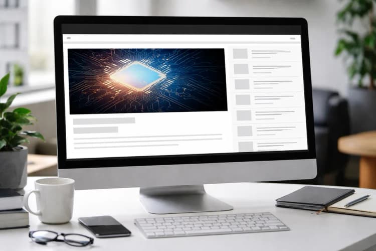 Ilustrasi layar desktop The Verge dengan pembagian kiri-kanan jelas: kiri berisi headline besar dan story set bertema AI chip, kanan berisi daftar vertikal artikel kronologis tanpa gambar besar