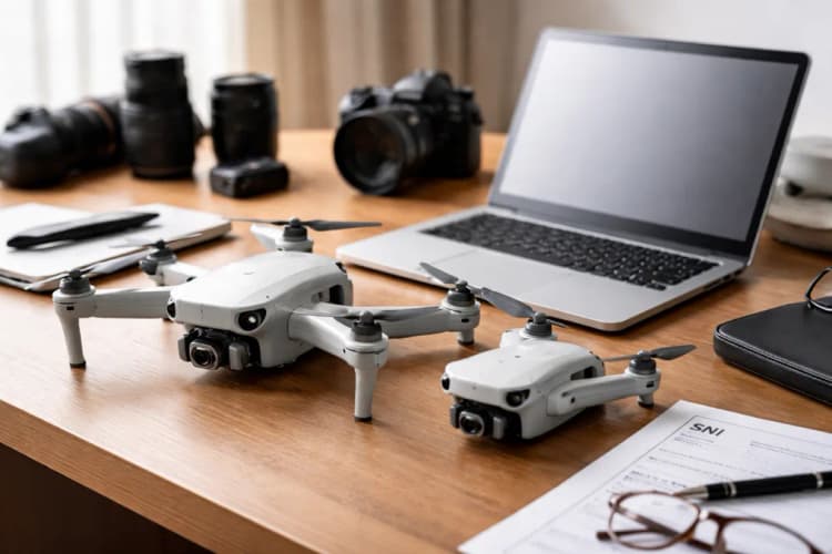 Ilustrasi meja kerja fotografer drone dengan dua unit DJI Lito di samping laptop berlogo DJI dan dokumen sertifikasi SNI