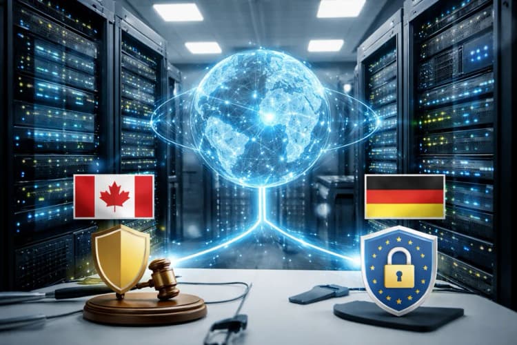 Ilustrasi kolaborasi lintas benua antara server di Toronto dan Heidelberg dengan ikon regulasi OJK dan GDPR