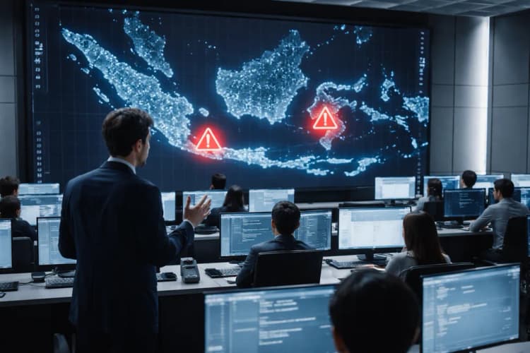 Ilustrasi ruang kontrol pusat data AI di Jakarta dengan peta digital Indonesia dan ikon peringatan merah di wilayah Jawa Timur dan Sulawesi Selatan