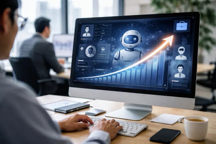 Ilustrasi antarmuka Worxphere dengan panel analitik AI, grafik CTR naik tajam, dan ikon JobKorea di sudut kanan atas