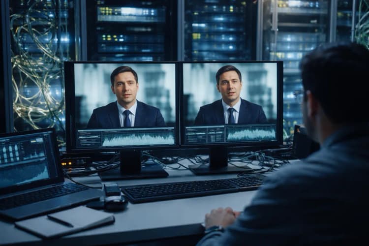 Ilustrasi laboratorium AI dengan server dan kabel fiber optik, serta layar monitor menampilkan perbandingan video asli dan deepfake side-by-side