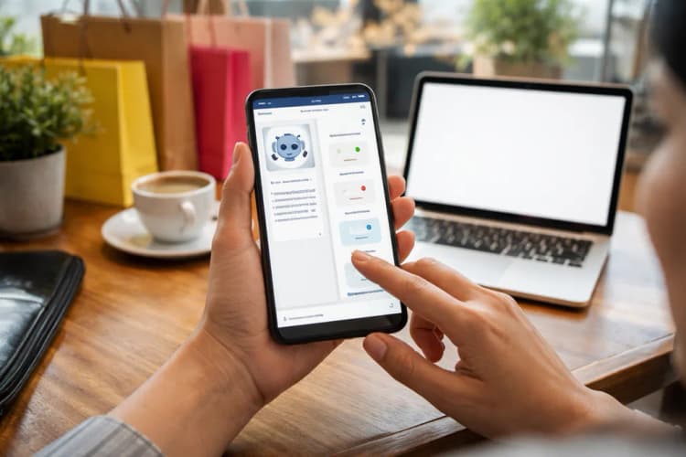 Ilustrasi antarmuka mobile dengan dua panel: kiri menampilkan percakapan natural dengan AI agen belanja, kanan menunjukkan proses otomatis membandingkan harga, stok, dan estimasi pengiriman dari tiga marketplace berbeda