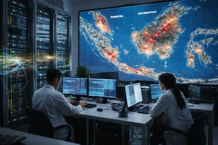 Ilustrasi laboratorium AI dengan server dan kabel fiber optik, di samping peta digital titik panas di Kalimantan dan Sumatera yang menyorot area gambut berisiko tinggi