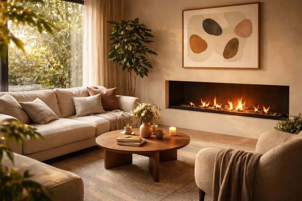 Modern living room with fireplace: InkPoster Tela 28.5: Apakah Bingkai Digital E Ink Layak Jadi Investasi Rumah di Indonesia?