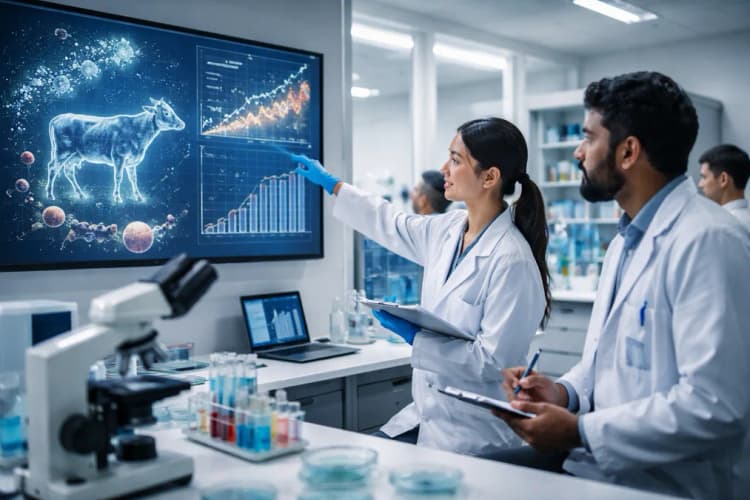 Ilustrasi laboratorium bioinformatika dengan layar menampilkan visualisasi interaksi protein-hewan dan grafik pertumbuhan bakteri resisten