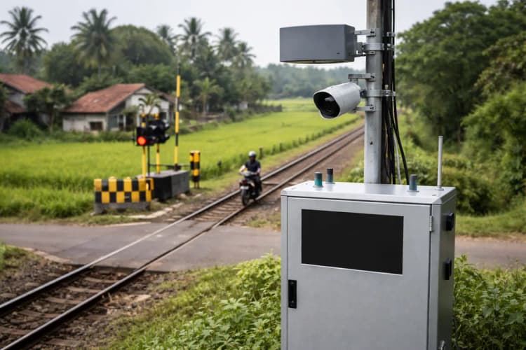 Ilustrasi sistem RCP BRIN di perlintasan desa: kamera berlensa wide-angle, unit radar berwarna abu-abu metalik di tiang baja, dan panel kontrol berlogo BRIN-Len Industri