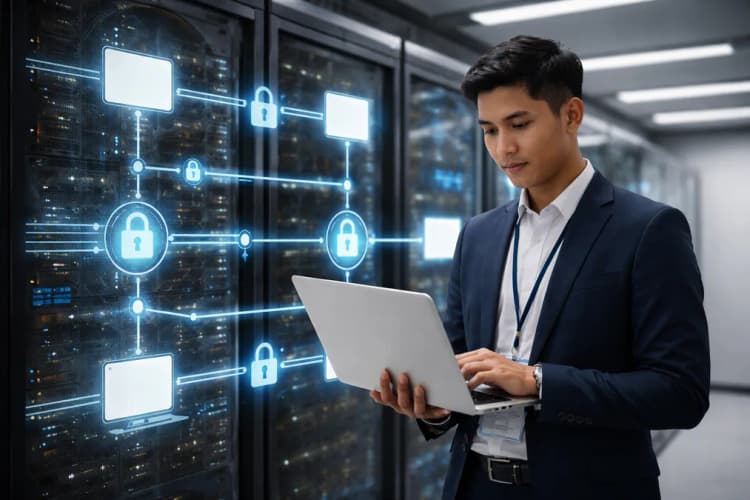 Ilustrasi server perbankan dengan diagram alur data terenkripsi dan ikon kunci digital di tiap node