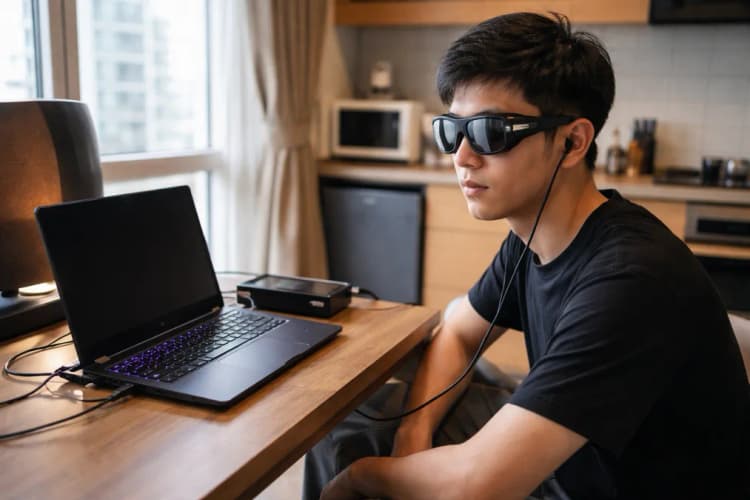 Ilustrasi kacamata ROG Xreal R1 dipakai di ruang sempit apartemen Jakarta, dengan laptop gaming dan dock khusus terhubung di meja kayu