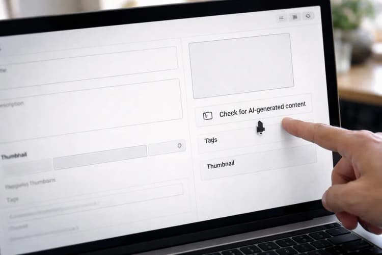 Ilustrasi antarmuka Studio YouTube dengan panah menunjuk ke tombol 'Check for AI-generated content' di samping menu 'Tags' dan 'Thumbnail'