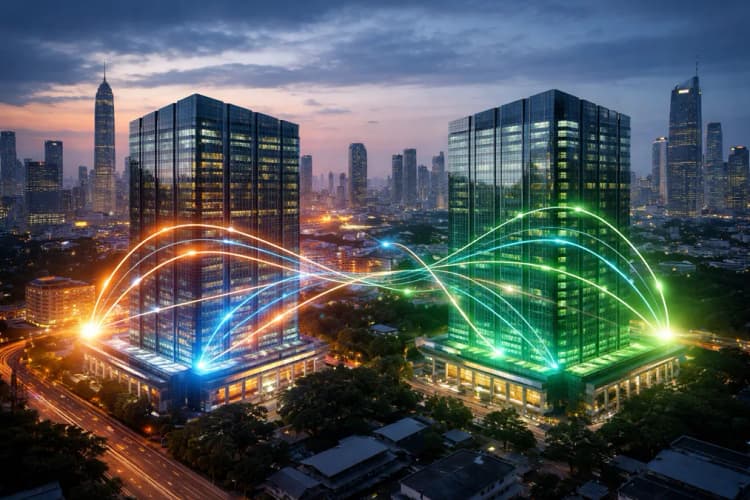 Ilustrasi perbandingan dua pusat data: satu di Bangkok dengan logo Ascend Money dan LINE MAN Wongnai, satunya di Jakarta dengan logo Gojek dan Tokopedia — keduanya menunjukkan tingkat keterhubungan antar-sistem melalui garis koneksi berwarna
