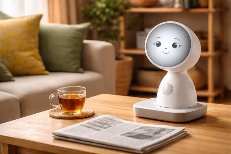 Ilustrasi robot ElliQ di ruang keluarga Indonesia — duduk di meja kayu sederhana, layar menampilkan wajah ramah dengan ekspresi lembut, di samping gelas teh dan koran lokal
