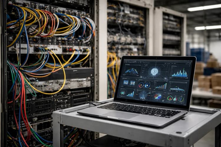 Ilustrasi server rack tua di gudang IT perusahaan manufaktur Jawa Timur, dengan kabel LAN berwarna-warni terhubung ke laptop modern yang menampilkan dashboard AI real-time