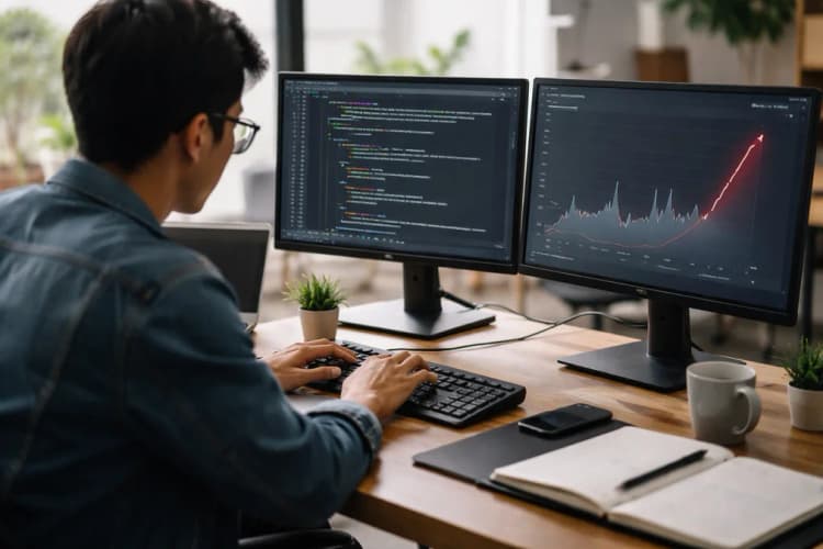Ilustrasi meja kerja developer dengan dua layar: satu menampilkan prompt engineering di VS Code, layar lain menunjukkan grafik error rate naik tajam setelah deployment