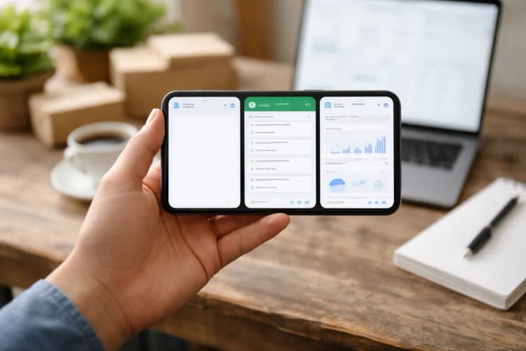 Ilustrasi layar ponsel menunjukkan tiga aplikasi berdampingan: Gemini Spark, WhatsApp Business dengan chat otomatis, dan dashboard UMKM berbasis bahasa Indonesia