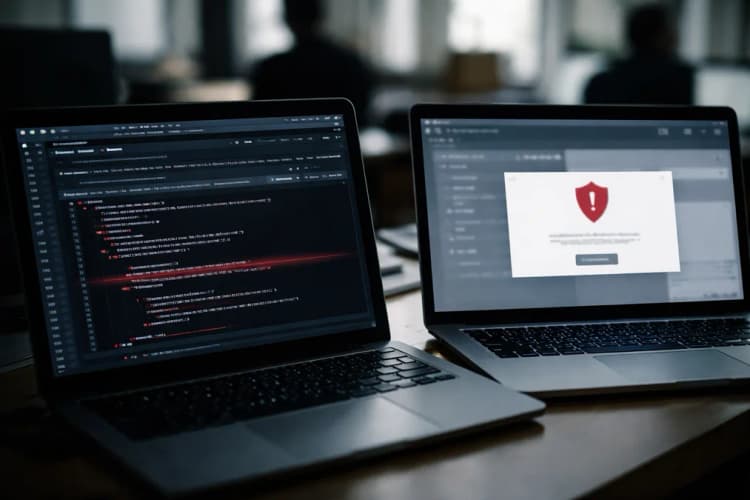 Ilustrasi dua sisi layar komputer: kiri menampilkan antarmuka GitHub dengan kode exploit berwarna merah, kanan menampilkan notifikasi 'Account Suspended' dari Microsoft Security Response Center