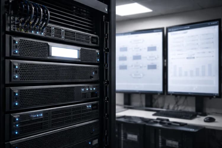Ilustrasi server rack dengan label 'ABE Core Engine' dan diagram alur integrasi ke sistem ERP serta dashboard kontrol compliance real-time