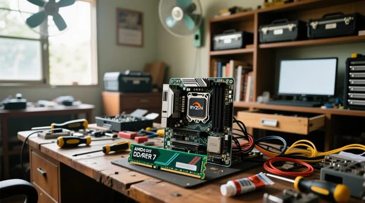 Ilustrasi meja kerja builder PC di Bandung dengan motherboard AM5, CPU Ryzen 7, dan kotak RAM DDR5 terbuka