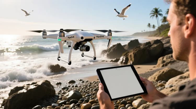 Ilustrasi drone AquaDrift sedang mendarat di bibir pantai berbatu, dengan layar tablet menampilkan grafik kualitas air dan ikon alga beracun berkedip merah
