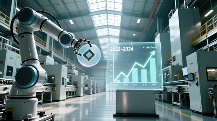 Ilustrasi pabrik semikonduktor modern dengan robot arm dan wafer silikon di latar belakang, disertai grafik kenaikan ekspor chip AI Korea Selatan 2022–2024