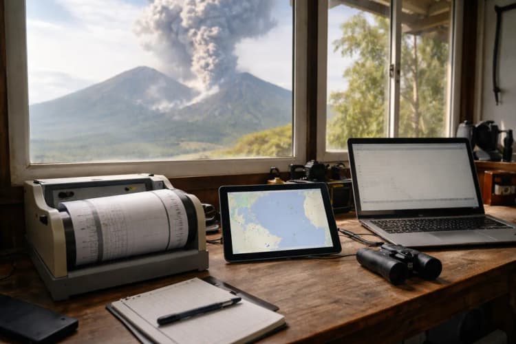 Ilustrasi pos pengamatan Gunung Lewotobi dengan seismograf analog, tablet Android terbuka di aplikasi 'Flores Siaga', dan peta digital radius 10 km yang menunjukkan titik-titik unggahan warga