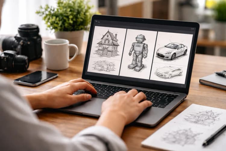 Ilustrasi layar komputer menampilkan antarmuka Tripo AI dengan tiga model 3D hasil konversi dari foto sketsa tangan