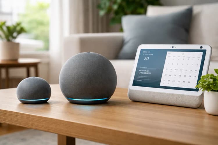 Ilustrasi tiga speaker Alexa berbeda di atas meja kayu: Echo Dot Max di tengah, Echo Dot kecil di kiri, dan Echo Show 11 dengan layar menyala menampilkan kalender digital