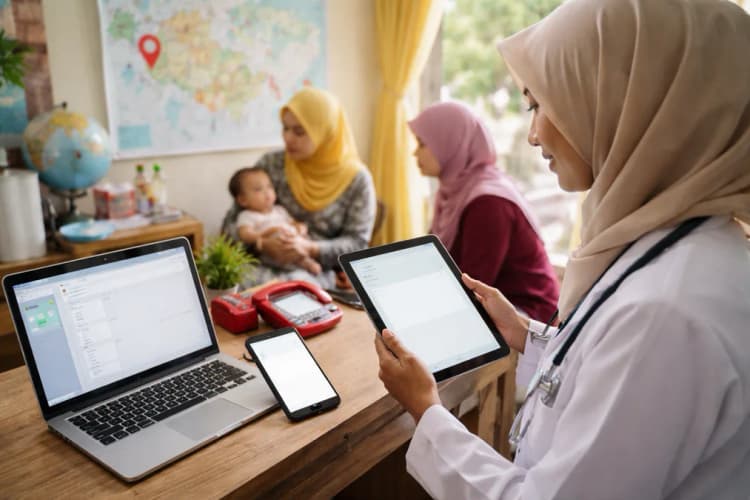 Ilustrasi antarmuka sistem kesehatan berbasis AI agentic menampilkan notifikasi proaktif untuk bidan desa, integrasi dengan aplikasi BPJS Kesehatan, dan ikon lokasi geografis wilayah 3T