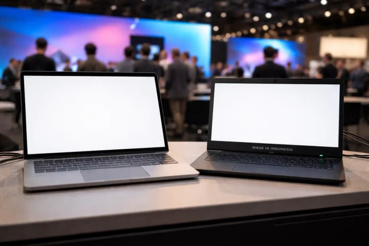 Ilustrasi Surface Laptop Ultra di samping laptop lokal berlabel 'Made in Indonesia' dengan lampu indikator berkedip lambat
