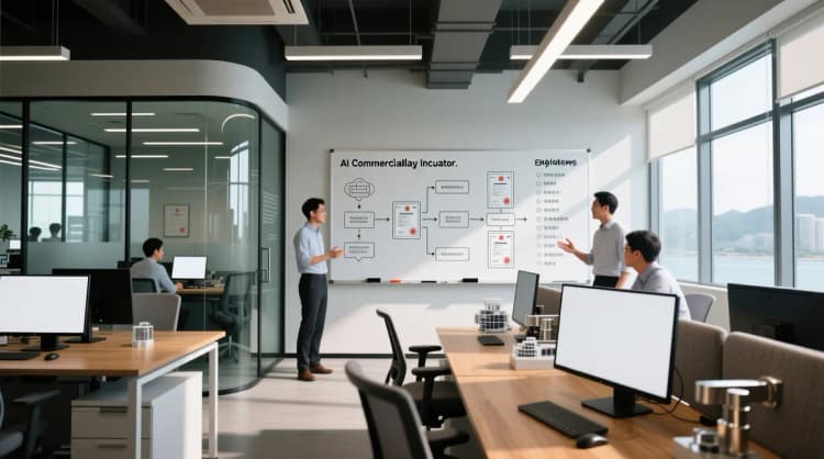 Ilustrasi ruang kolaborasi antara peneliti HKUST dan insinyur startup di gedung incubator Clear Water Bay, dengan papan whiteboard berisi diagram alur komersialisasi teknologi AI dan daftar paten yang sudah terdaftar